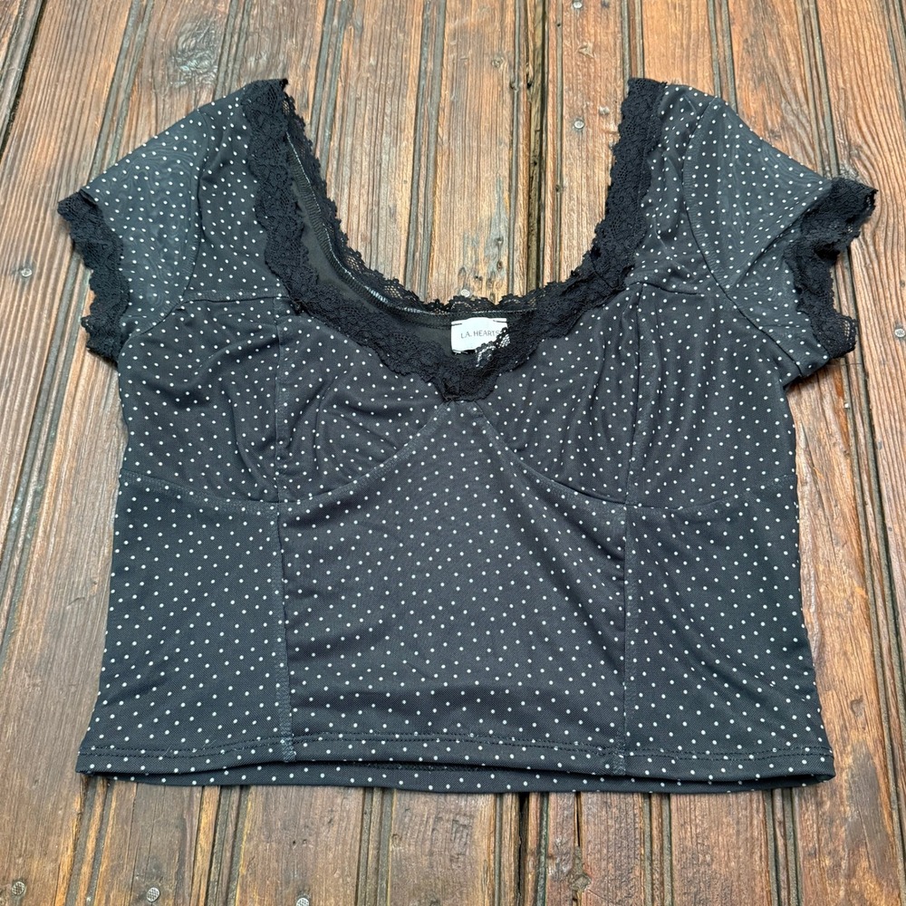 LA Hearts Black Polka Dot Lace Trim Bustier Crop Top L Y2K Coquette Retro Pin up